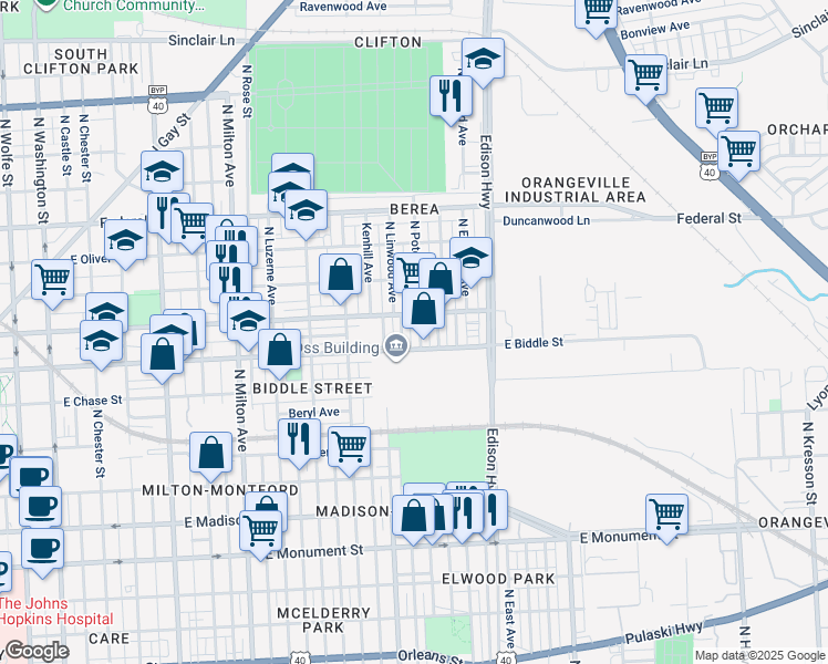 map of restaurants, bars, coffee shops, grocery stores, and more near 1220 North Potomac Street in Baltimore