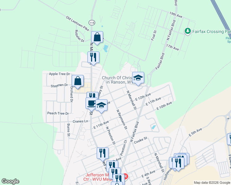 map of restaurants, bars, coffee shops, grocery stores, and more near 206 East Fourteenth Avenue in Ranson