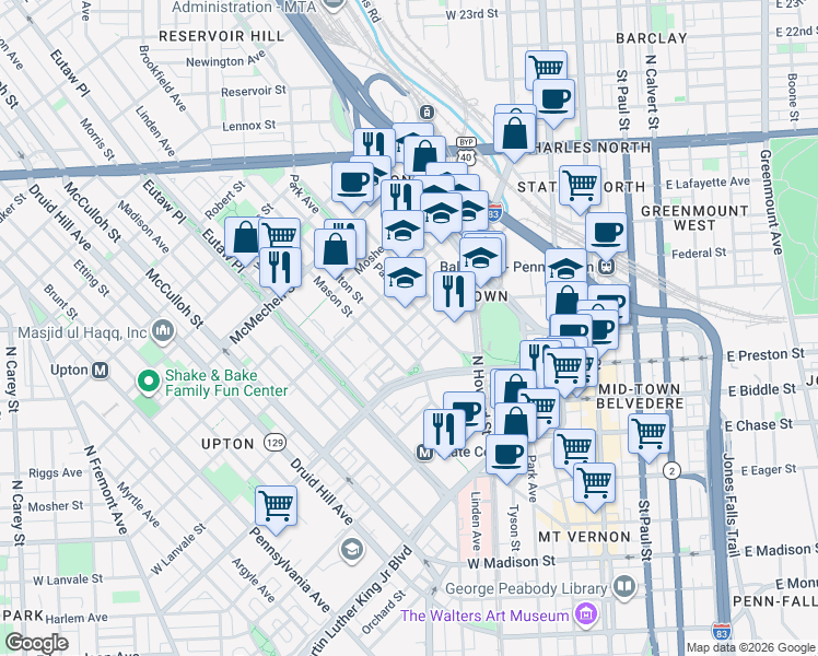 map of restaurants, bars, coffee shops, grocery stores, and more near 213 West Lanvale Street in Baltimore