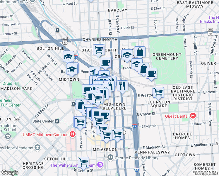 map of restaurants, bars, coffee shops, grocery stores, and more near East Mount Royal Avenue in Baltimore