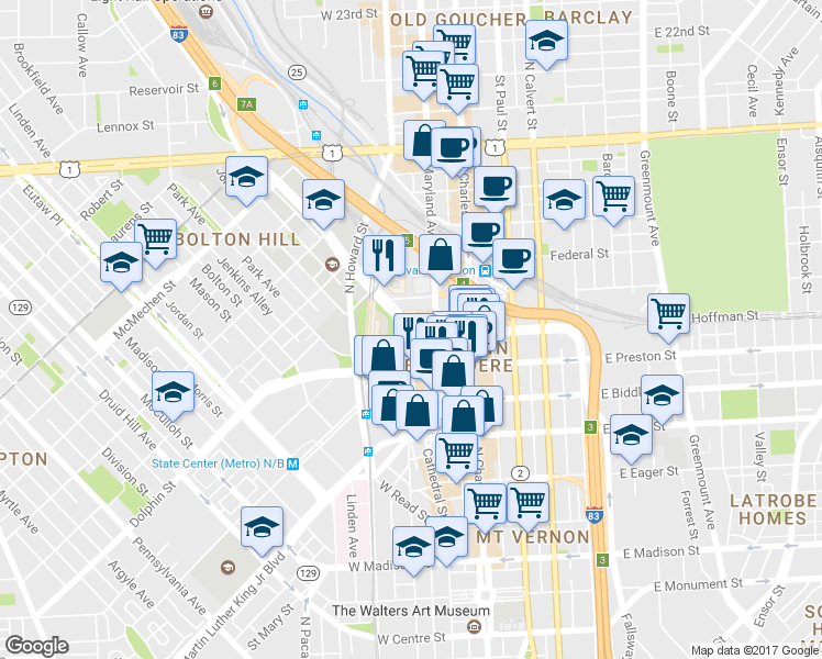 map of restaurants, bars, coffee shops, grocery stores, and more near 124 W Mt Royal Ave in Baltimore