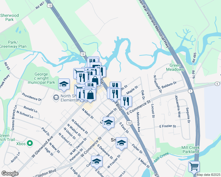 map of restaurants, bars, coffee shops, grocery stores, and more near 304 North Dupont Boulevard in Smyrna