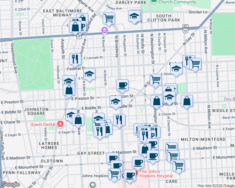 map of restaurants, bars, coffee shops, grocery stores, and more near 1308 North Broadway in Baltimore