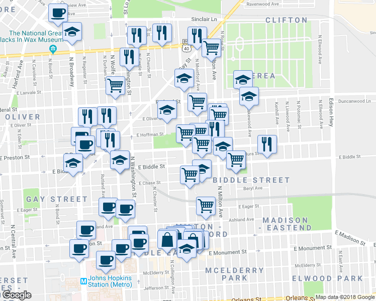 map of restaurants, bars, coffee shops, grocery stores, and more near 1245 N Patterson Park Ave in Baltimore