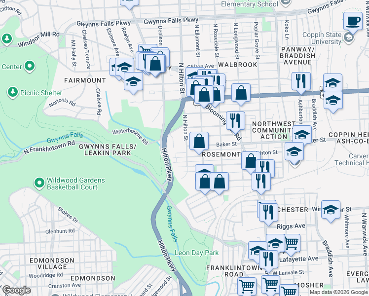 map of restaurants, bars, coffee shops, grocery stores, and more near 1604 North Hilton Street in Baltimore
