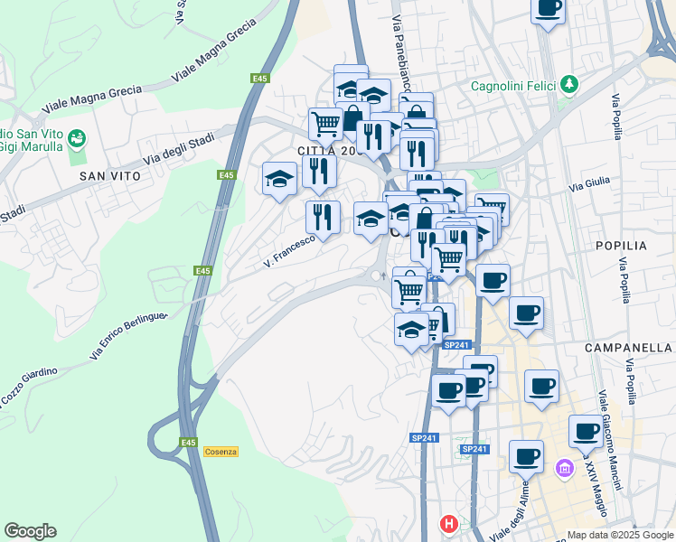 map of restaurants, bars, coffee shops, grocery stores, and more near Via dell'Accoglienza in Cosenza