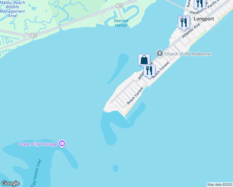 map of restaurants, bars, coffee shops, grocery stores, and more near 1201 Atlantic Avenue in Longport