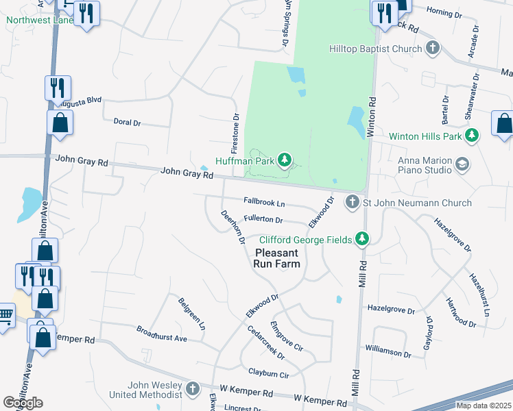 map of restaurants, bars, coffee shops, grocery stores, and more near 1826 Fallbrook Lane in Cincinnati