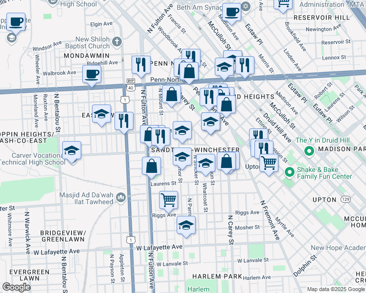 map of restaurants, bars, coffee shops, grocery stores, and more near 1530 Presstman Street in Baltimore