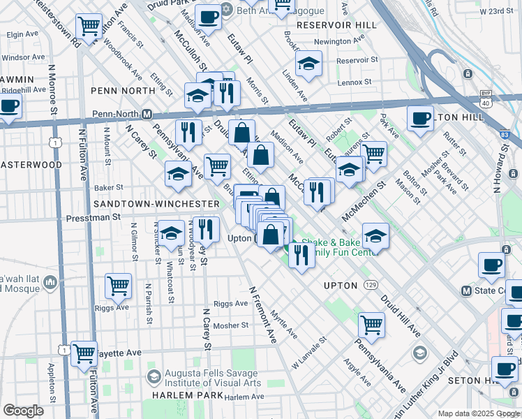 map of restaurants, bars, coffee shops, grocery stores, and more near in Baltimore