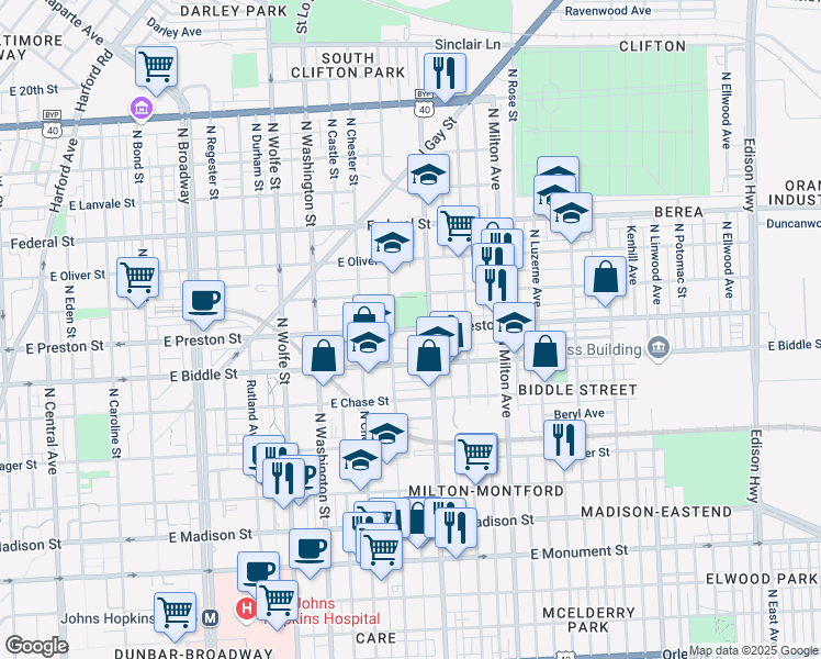 map of restaurants, bars, coffee shops, grocery stores, and more near 2298 East Preston Street in Baltimore