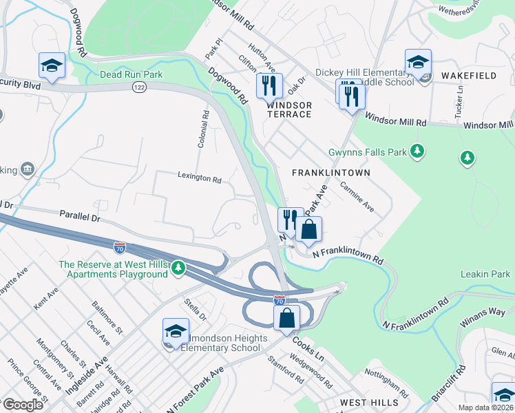 map of restaurants, bars, coffee shops, grocery stores, and more near 2200 Kernan Drive in Baltimore