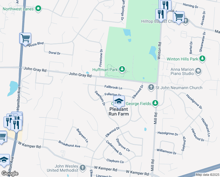 map of restaurants, bars, coffee shops, grocery stores, and more near 1826 Fallbrook Lane in Cincinnati