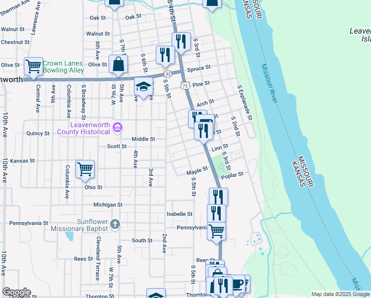 map of restaurants, bars, coffee shops, grocery stores, and more near 505 Elm Street in Leavenworth