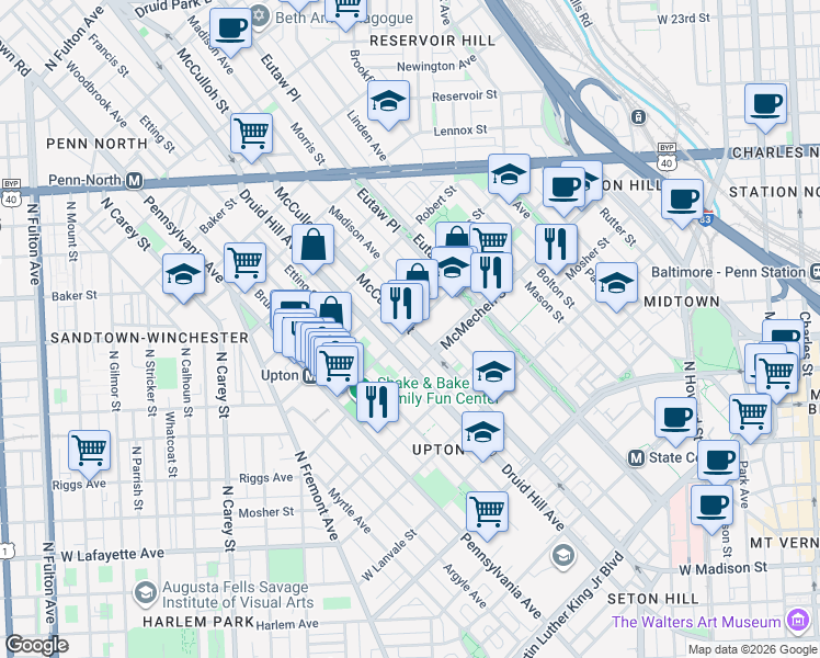 map of restaurants, bars, coffee shops, grocery stores, and more near McCulloh St & Wilson St in Baltimore