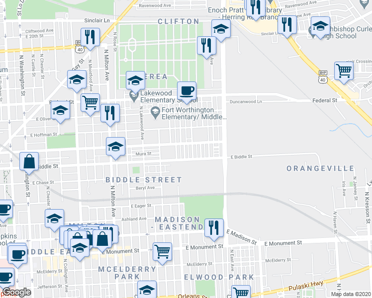 map of restaurants, bars, coffee shops, grocery stores, and more near 1229 North Curley Street in Baltimore
