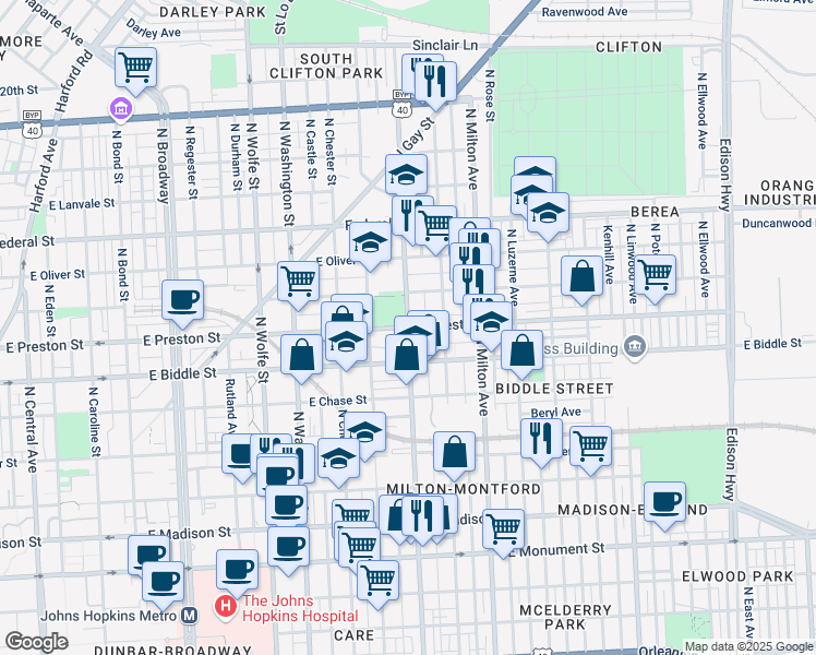 map of restaurants, bars, coffee shops, grocery stores, and more near East Preston Street in Baltimore
