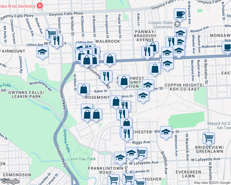 map of restaurants, bars, coffee shops, grocery stores, and more near 2915 Baker Street in Baltimore