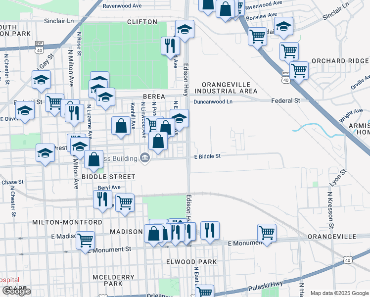 map of restaurants, bars, coffee shops, grocery stores, and more near 1218 Edison Highway in Baltimore