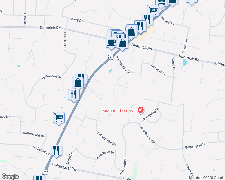 map of restaurants, bars, coffee shops, grocery stores, and more near 9807 Tall Timber Drive in Butler County