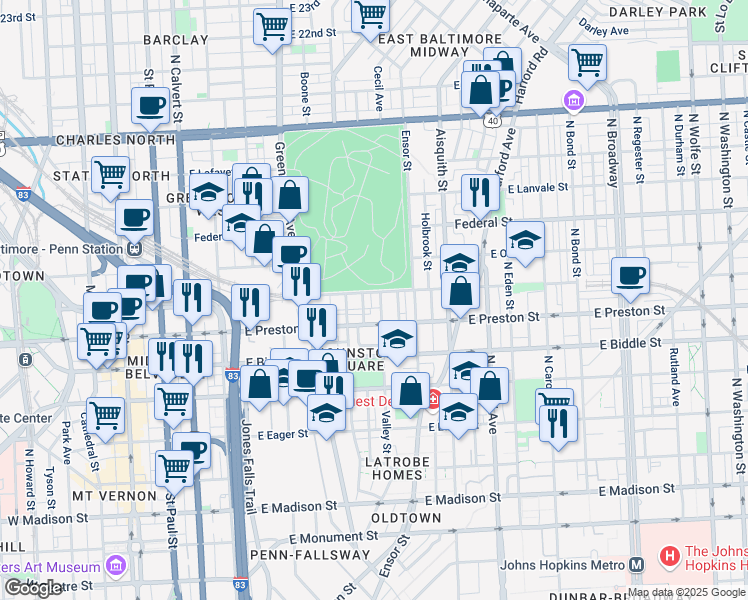 map of restaurants, bars, coffee shops, grocery stores, and more near 1316 Valley Street in Baltimore
