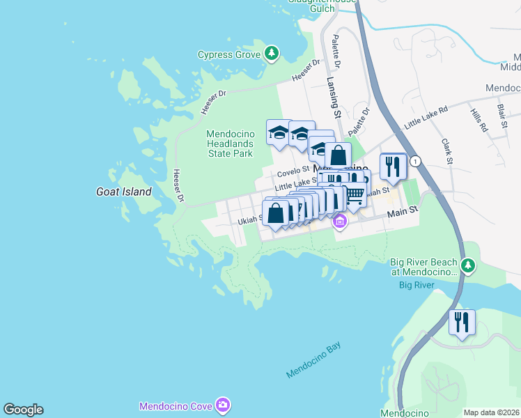 map of restaurants, bars, coffee shops, grocery stores, and more near 45320 Ukiah Street in Mendocino