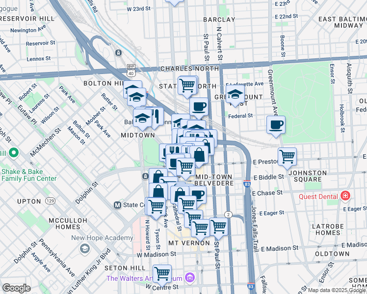 map of restaurants, bars, coffee shops, grocery stores, and more near 1420 North Charles Street in Baltimore