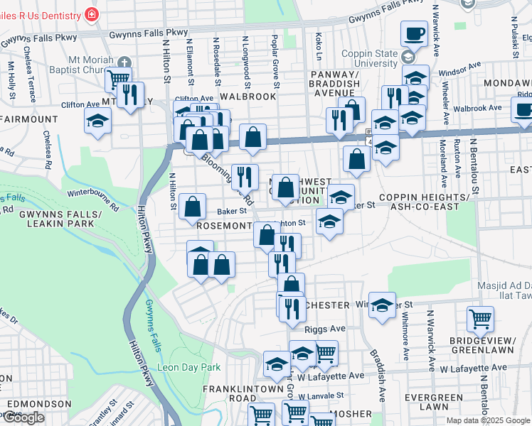 map of restaurants, bars, coffee shops, grocery stores, and more near 2915 Baker Street in Baltimore