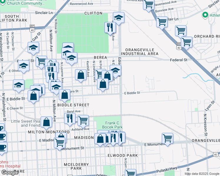 map of restaurants, bars, coffee shops, grocery stores, and more near 1228 North Ellwood Avenue in Baltimore