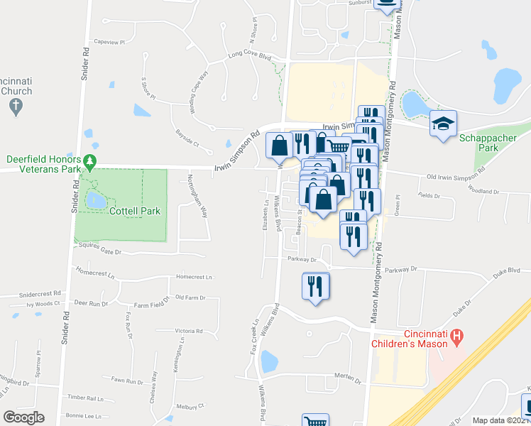 map of restaurants, bars, coffee shops, grocery stores, and more near 9233 Elizabeth Lane in Mason