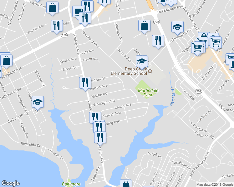 map of restaurants, bars, coffee shops, grocery stores, and more near 943 Martin Road in Essex