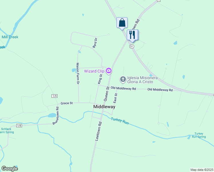 map of restaurants, bars, coffee shops, grocery stores, and more near 7379 Queen Street in Kearneysville