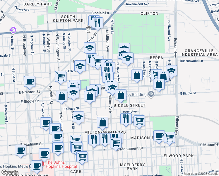 map of restaurants, bars, coffee shops, grocery stores, and more near E Preston St & N Milton Ave in Baltimore