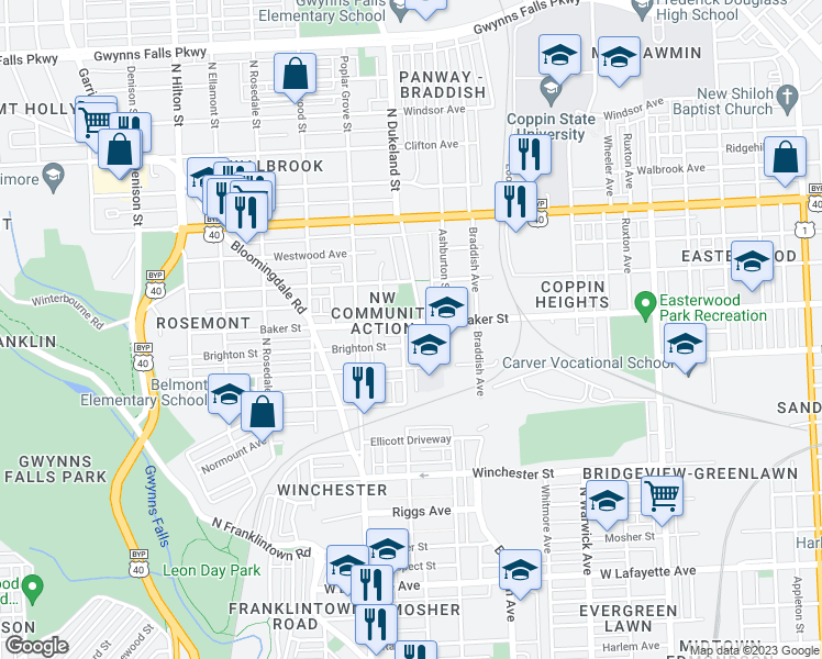 map of restaurants, bars, coffee shops, grocery stores, and more near 2769 Baker Street in Baltimore