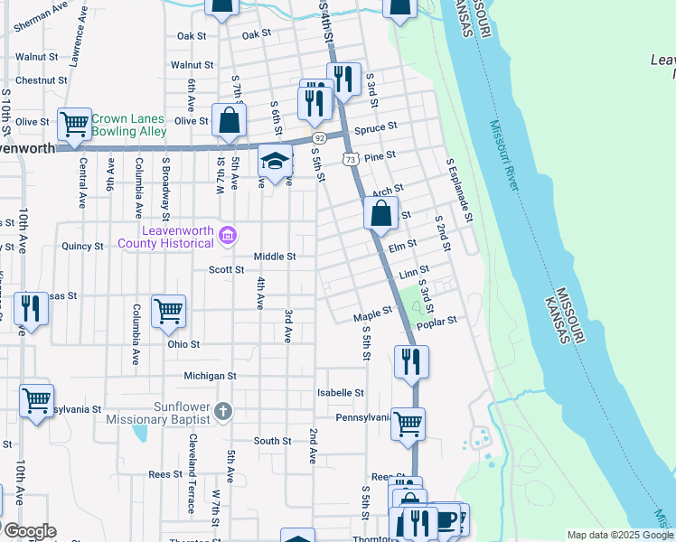 map of restaurants, bars, coffee shops, grocery stores, and more near 505 Elm Street in Leavenworth
