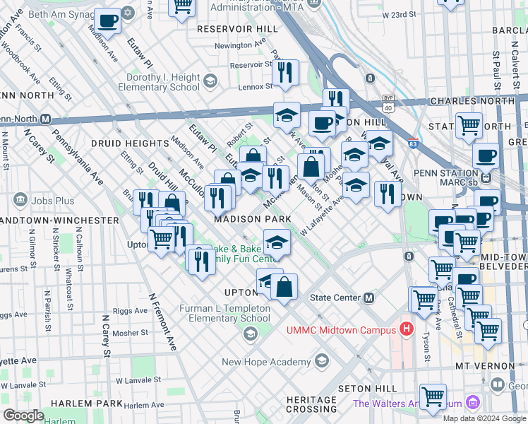 map of restaurants, bars, coffee shops, grocery stores, and more near 323 Mc Mechen Street in Baltimore