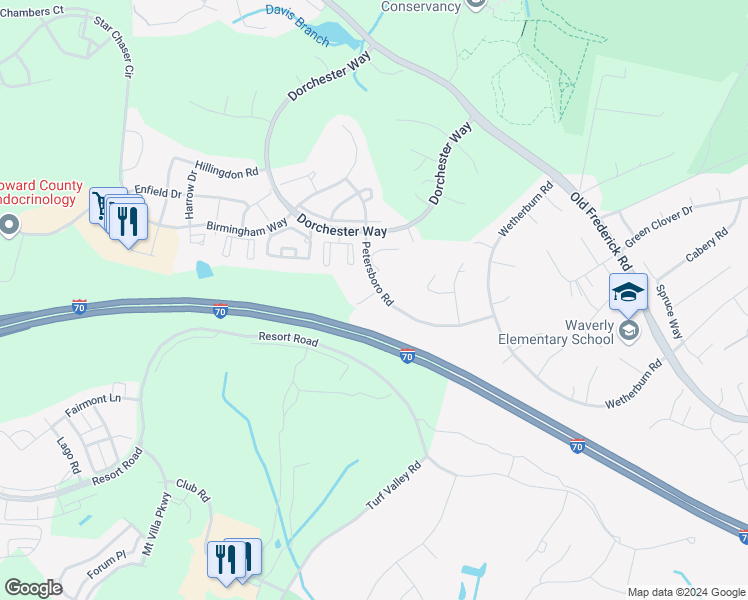 map of restaurants, bars, coffee shops, grocery stores, and more near 10475 Petersboro Road in Woodstock