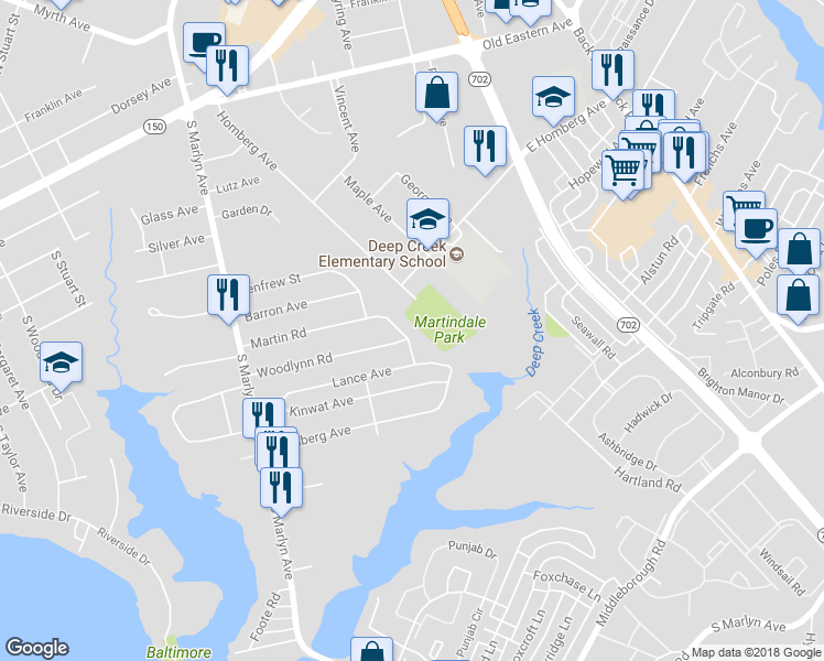 map of restaurants, bars, coffee shops, grocery stores, and more near 974 Martin Rd in Essex