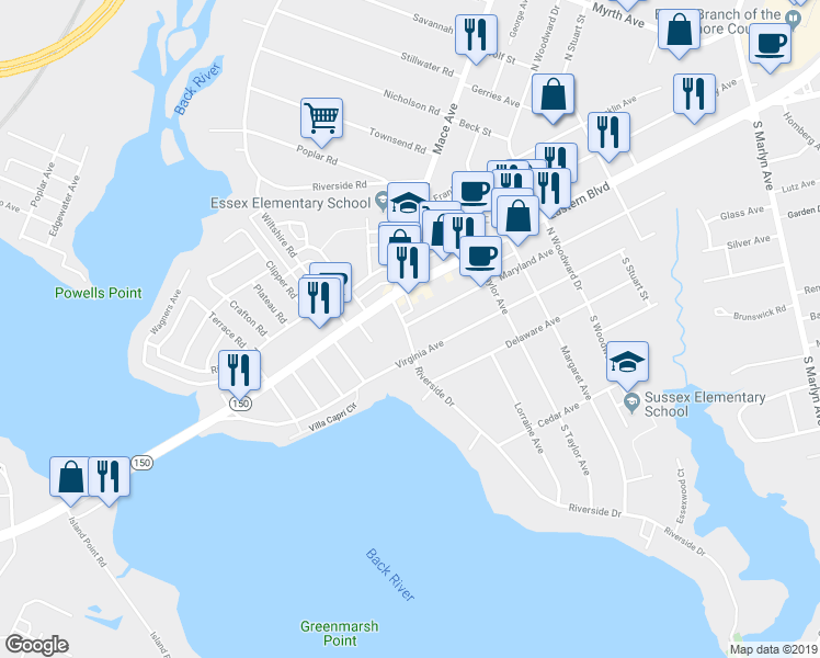 map of restaurants, bars, coffee shops, grocery stores, and more near 101 Riverside Drive in Essex