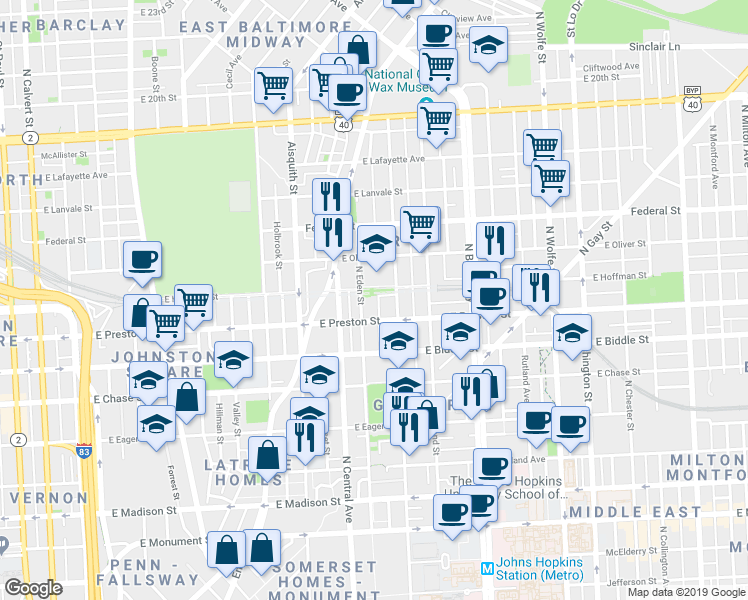 map of restaurants, bars, coffee shops, grocery stores, and more near 1320 N Spring St in Baltimore