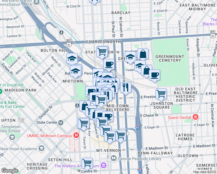 map of restaurants, bars, coffee shops, grocery stores, and more near 1401n North Charles Street in Baltimore