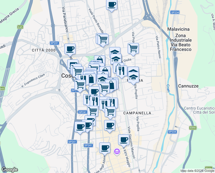 map of restaurants, bars, coffee shops, grocery stores, and more near 135 Viale Delle Medaglie DꞌOro in Cosenza