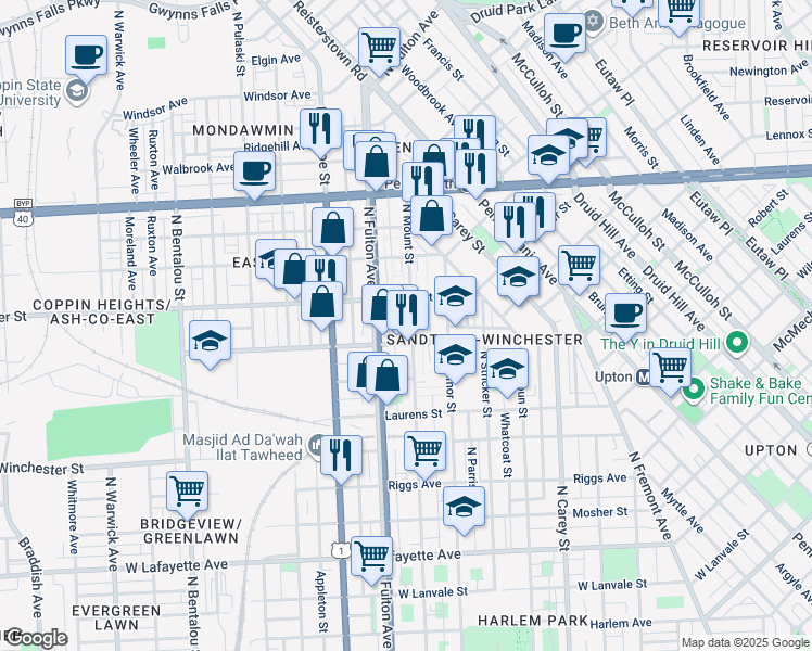 map of restaurants, bars, coffee shops, grocery stores, and more near 1512 North Mount Street in Baltimore