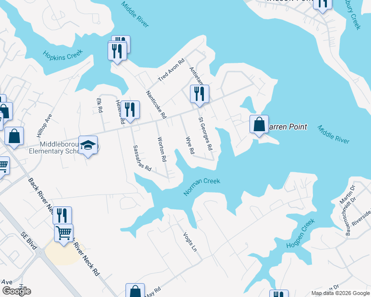 map of restaurants, bars, coffee shops, grocery stores, and more near 326 Wye Road in Essex
