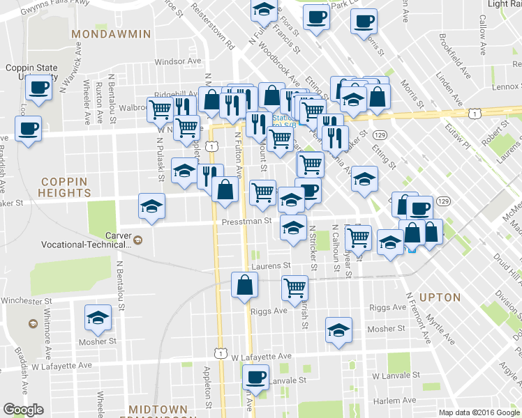 map of restaurants, bars, coffee shops, grocery stores, and more near 1512 North Mount Street in Baltimore