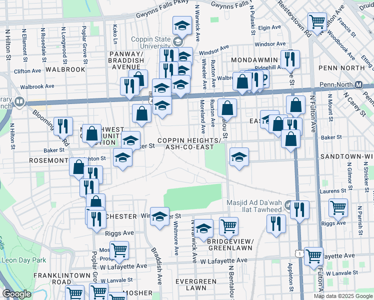 map of restaurants, bars, coffee shops, grocery stores, and more near 2501 Baker Street in Baltimore