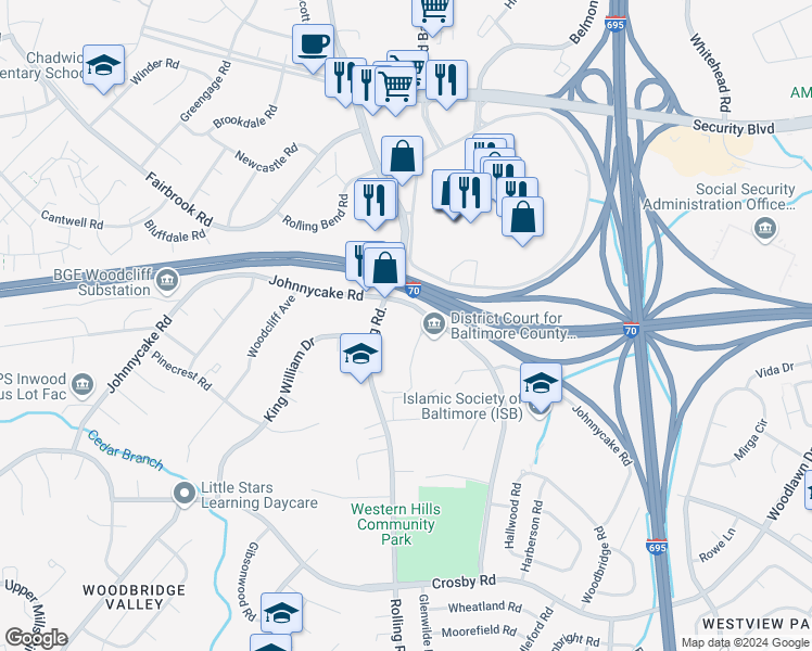 map of restaurants, bars, coffee shops, grocery stores, and more near 2 East Rolling Cross Road in Catonsville