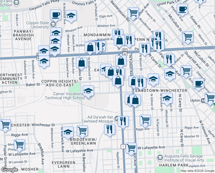 map of restaurants, bars, coffee shops, grocery stores, and more near 1524 North Payson Street in Baltimore