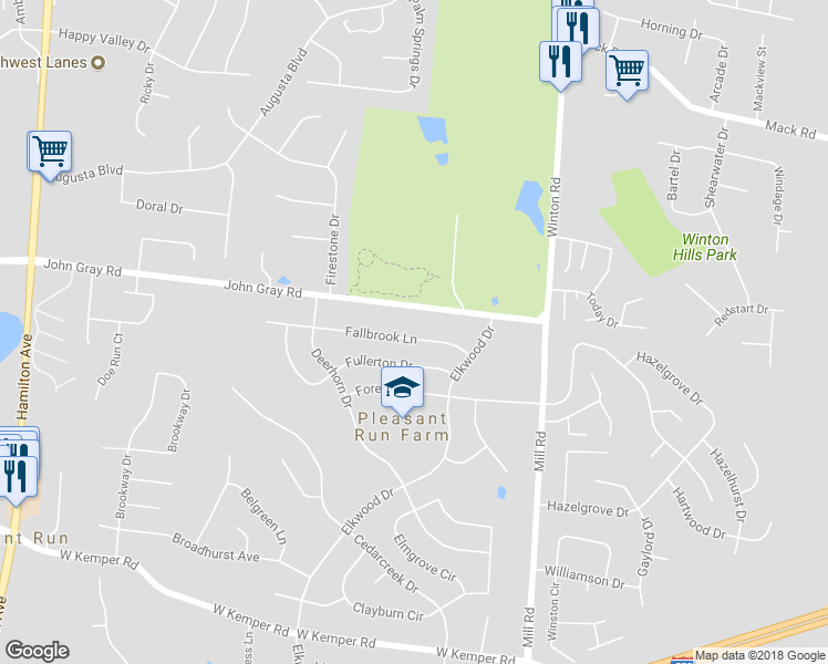 map of restaurants, bars, coffee shops, grocery stores, and more near 1774 Fallbrook Lane in Cincinnati