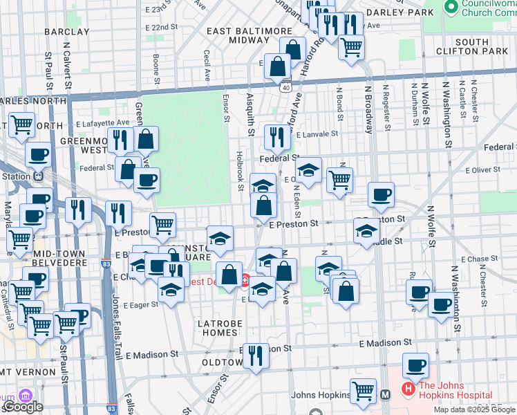 map of restaurants, bars, coffee shops, grocery stores, and more near 1319 Aisquith Street in Baltimore